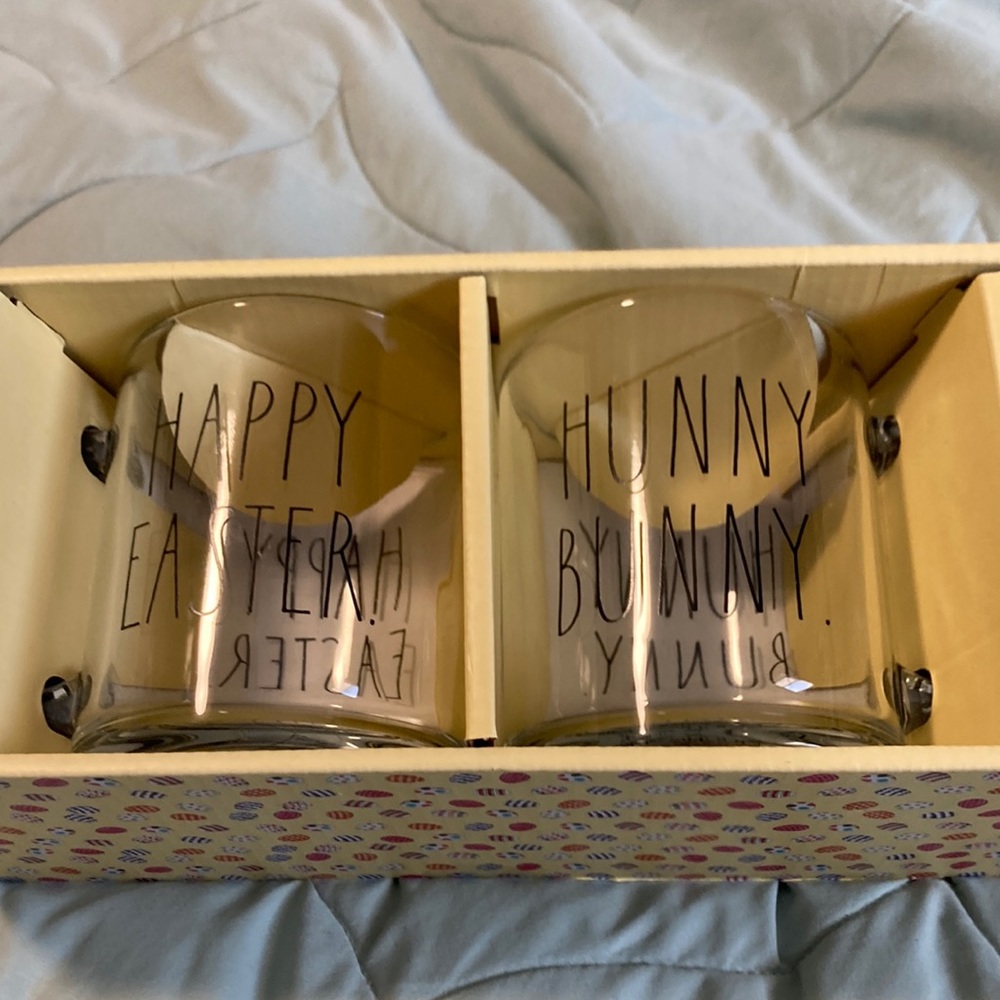 Rae Dunn Happy  Easter and Hunny Bunny set of 18 oz glass mugs